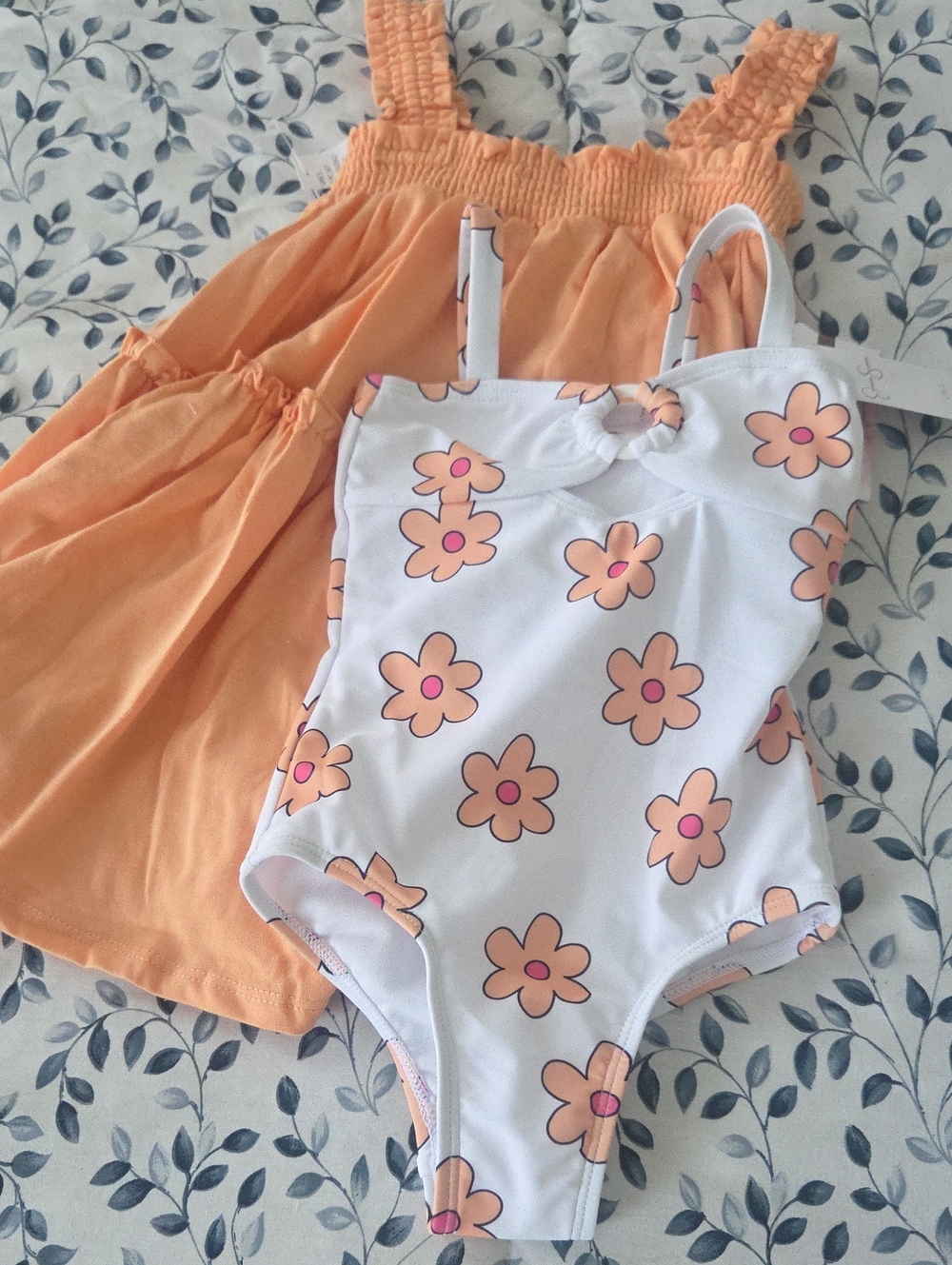 NWT Jessica Simpson Peach Floral One-Piece Swimsuit & Peach Dress Set